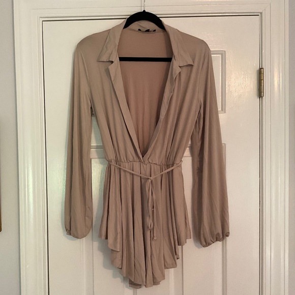 Impulsive Tops - Impulsive Tan Bodysuit with Elasticized and Tie Waist Size L